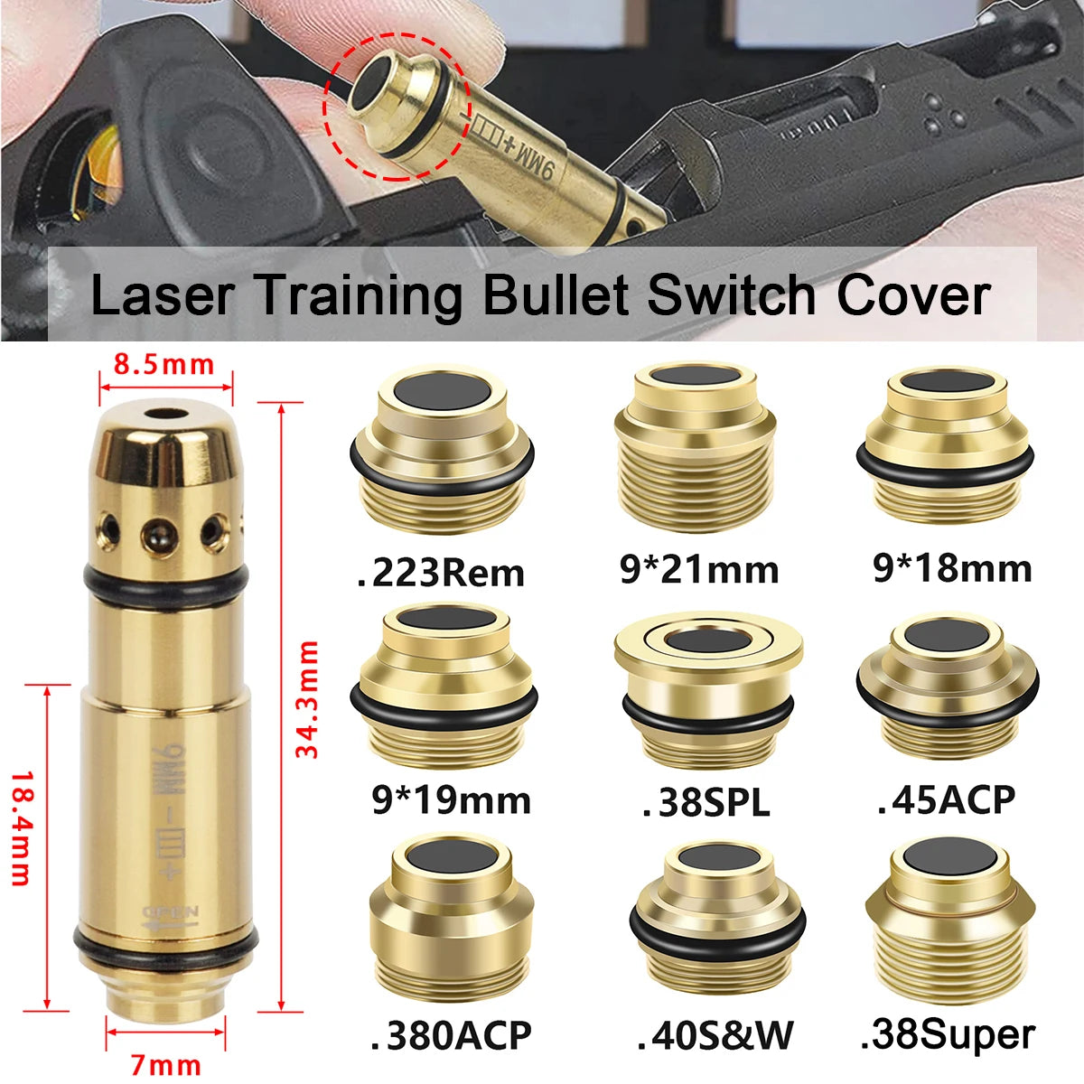 Red Dot Laser Training Bullet Switch Cover — Cartridge Boresighter for .223Rem, .380ACP, .40S&W, 9x19mm Taurus G2C Trainer