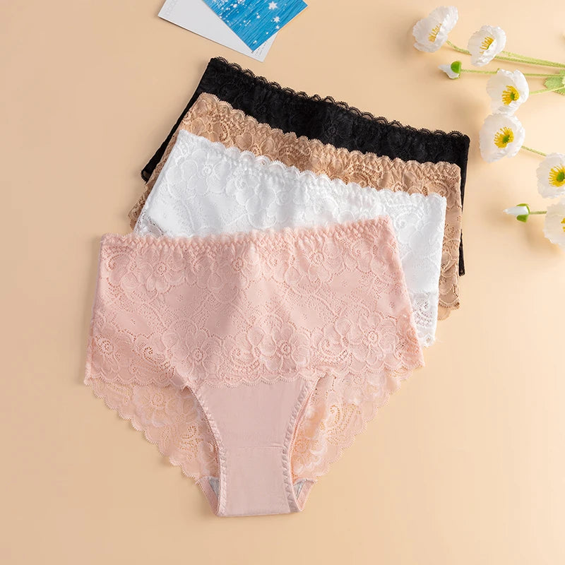 Women’s Plus Size High-Waist Lace Panties - Stretchy Breathable Briefs for Comfortable Everyday Wear
