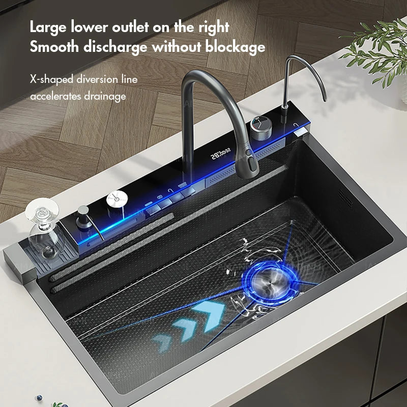304 Stainless Steel Waterfall Kitchen Sink – Large Single Slot with Digital Display Faucet, Soap Dispenser and Cup Washer Set