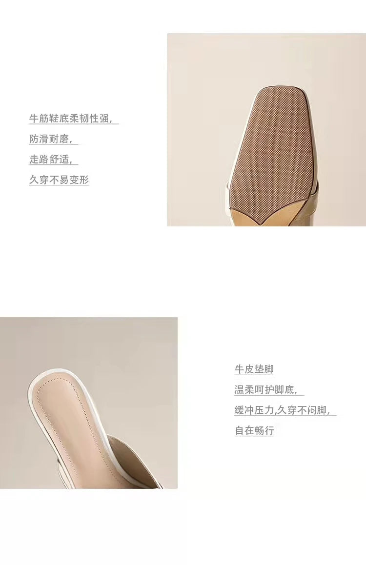 Fashion Women’s Half Slippers — Outdoor Med-Heeled Slides with Toe Chain Decoration, Luxury Square Heel Sandals 2023