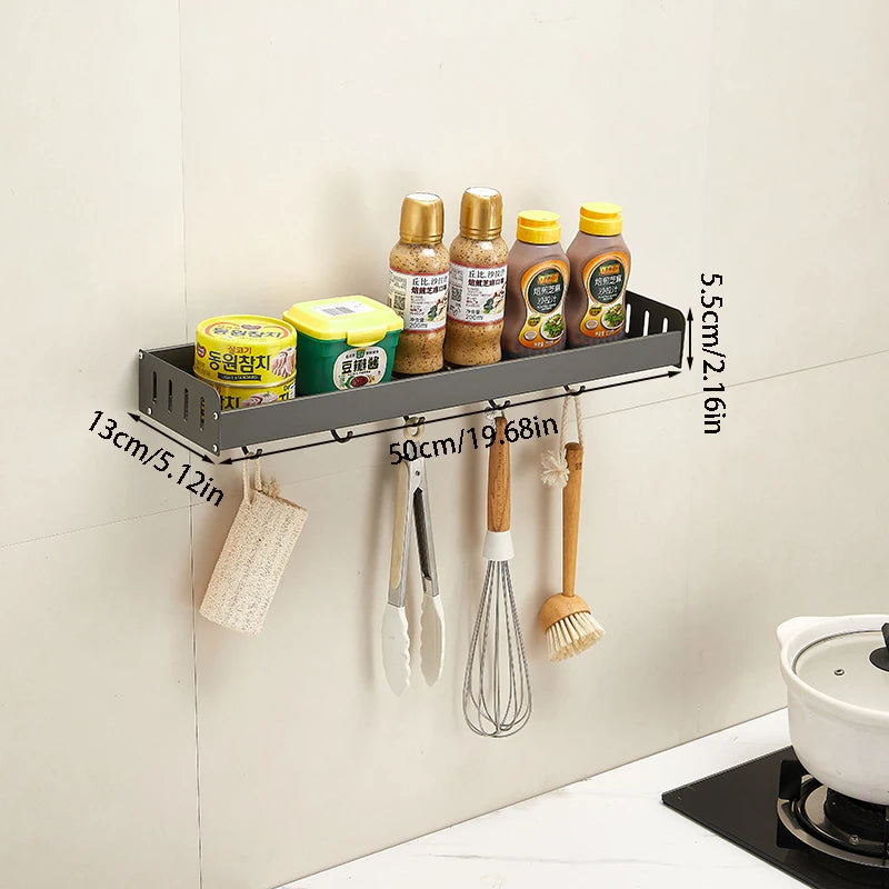 Wall-Mounted Kitchen Spice Rack Organizer with Hanging Hooks – Kitchen Storage Shelf for Condiments