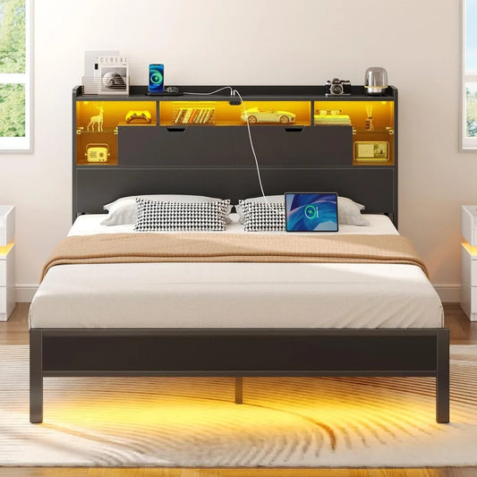 Rolanstar Full Size Metal Bed Frame with LED Headboard, Bookcase Storage, Charging Station & Glass Shelf