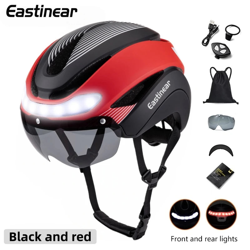 Eastinear Ultralight Road Bike Helmet with LED Lights – Magnetic Goggles & Sun Visor Cycling Racing Helmet for Adults (400g)