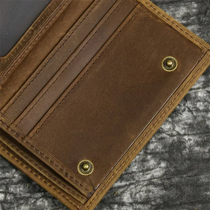 Men’s Genuine Leather Short Wallet with Chain – Trifold Zipper Clutch, Card Holder & Coin Purse