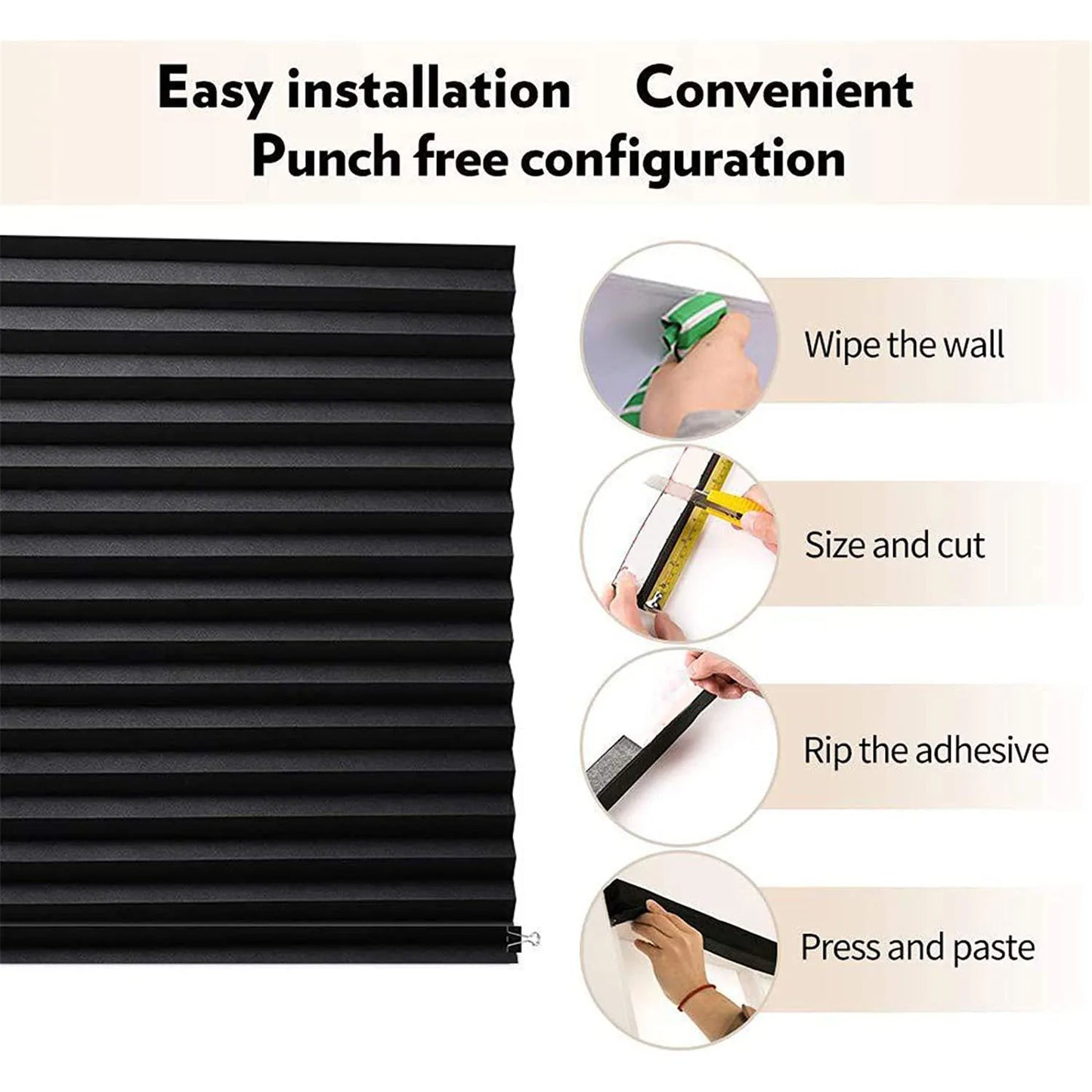 Self-Adhesive Pleated Blinds for Windows - Cordless Fabric Blinds, No Drill Installation, Room Darkening Shades for Bathroom