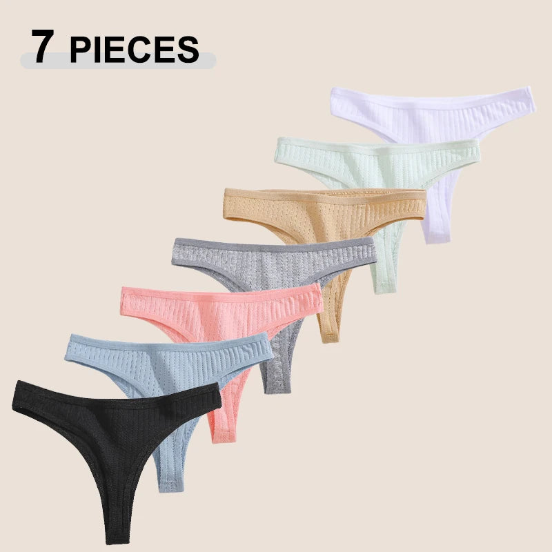 7Pcs Women’s Cotton Thong Set - Seamless Breathable Low Waist Bikini G-String Panties Sexy Lingerie S-XL