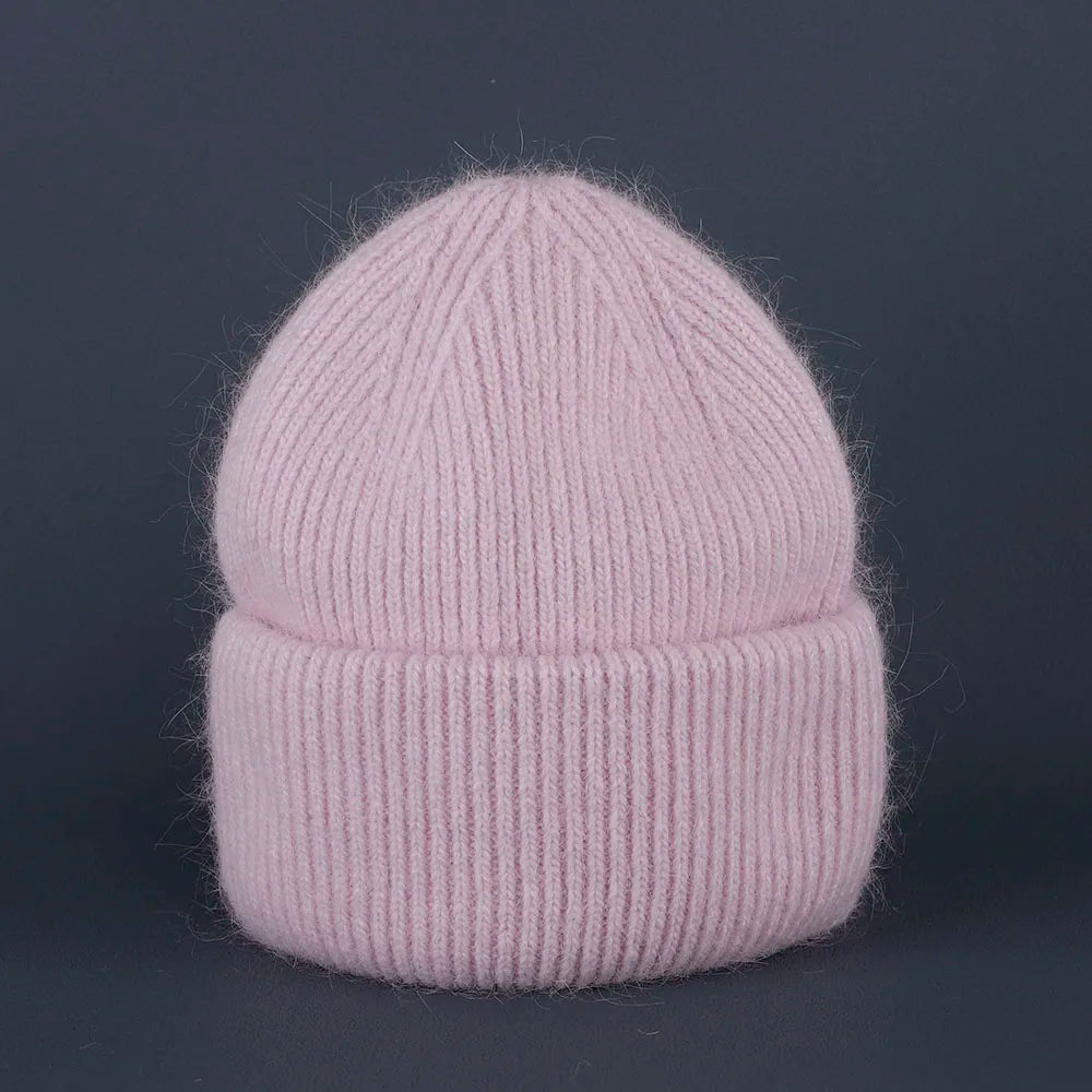 2024 Rabbit Fur Beanie – Soft Fluffy Winter Hat for Women, Angora Knitted Skullies, Warm Bonnet Knit Cap