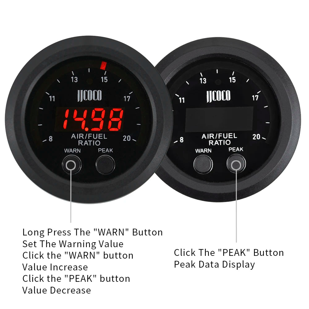 52MM Air Fuel Ratio Gauge — Ultra-Thin Round S-Series LED Digital Display with Wideband O2 Oxygen Sensor, 12V