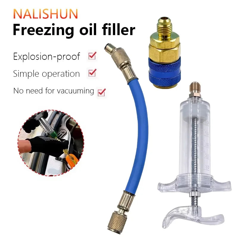 Car A/C Oil & Dye Injector 30ml - R-134a Refrigerant Filling Tool with 1/4 SAE Quick Coupler Adapter