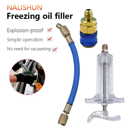 Car A/C Oil & Dye Injector 30ml - R-134a Refrigerant Filling Tool with 1/4 SAE Quick Coupler Adapter