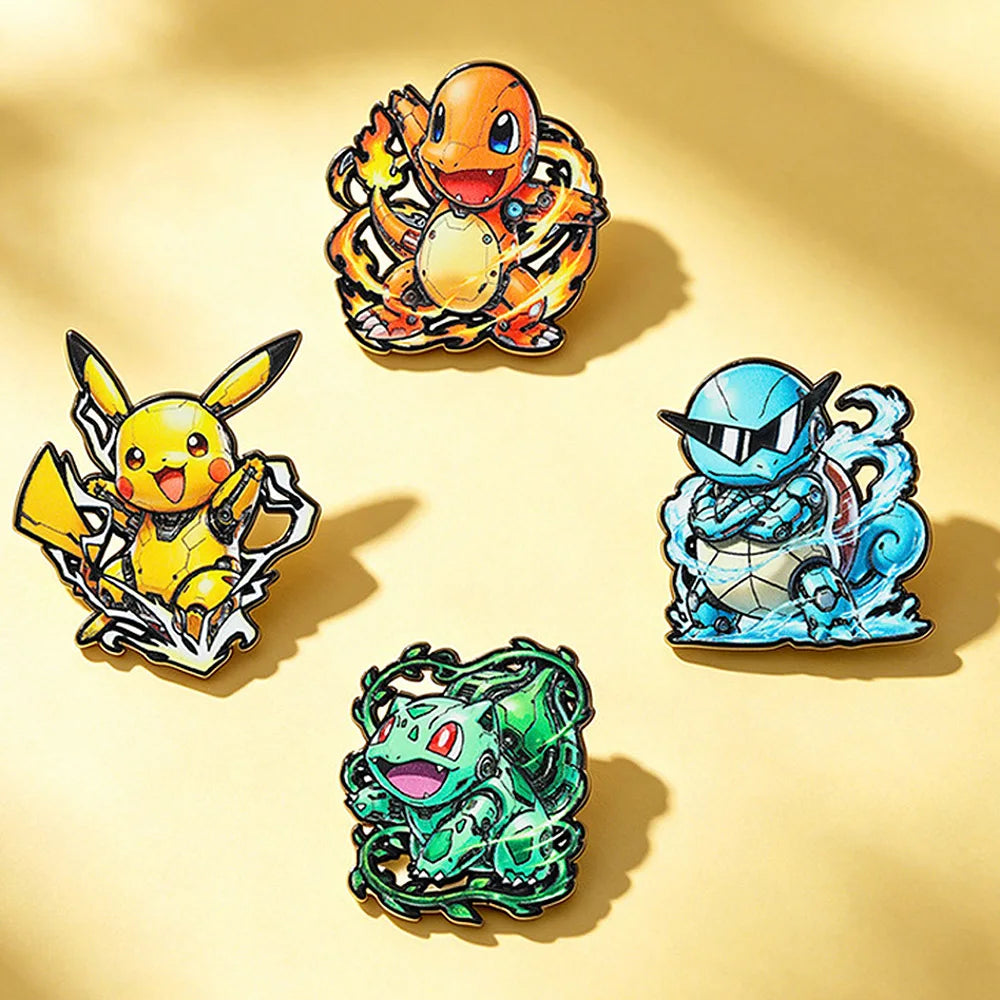 4-Piece Pokémon Enamel Pin Set - Charmander, Bulbasaur & Squirtle Metal Brooch Badges for Backpacks and Anime Fans