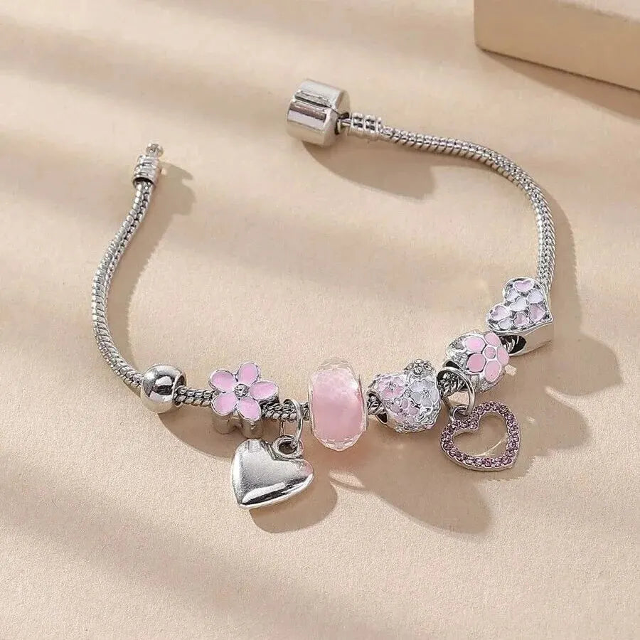 Obega Love Heart & Flower Glass Pendant Charm Bracelet - Adjustable Pink & White Crystal Stone Bead Bracelet in Silver/Gold
