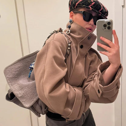 Women’s Short Woolen Coat - Stand Collar Loose Zipper Jacket for Spring Autumn Fashion Outerwear