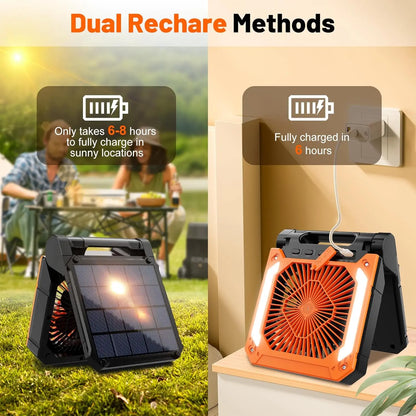 20000mAh Portable Electric Fan with LED Light — USB, Solar & Car Charging for Camping