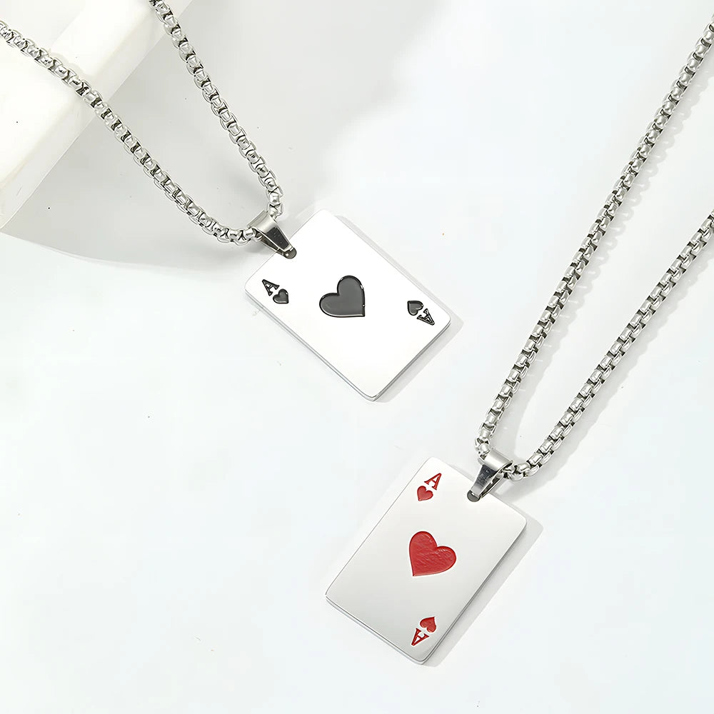 Hip Hop Poker Card Necklace – Stainless Steel Ace of Spades & Hearts Pendant Chain for Men