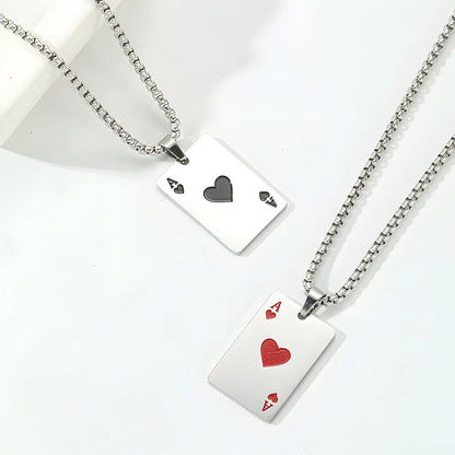 Hip Hop Poker Card Necklace – Stainless Steel Ace of Spades & Hearts Pendant Chain for Men