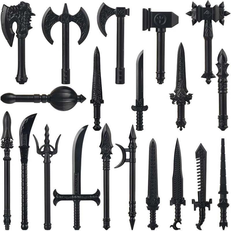 Medieval Figure Weapons Building Blocks Kit – King Sword, Lion Shield, Trident & Double-Edged Axe Battle Toy