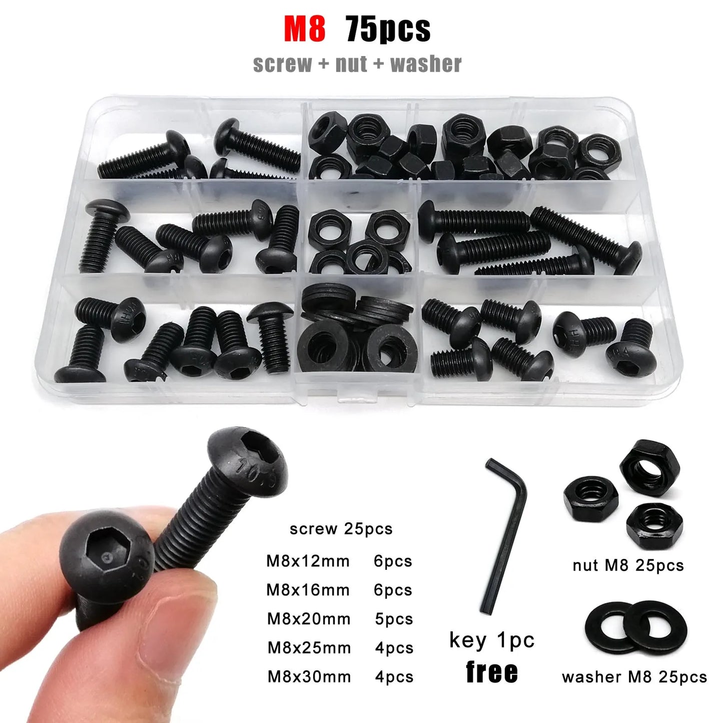 M1.6-M8 Black Grade 10.9 Steel Allen Hexagon Screw Bolt Nut Washer Kit – Round Head Set Box