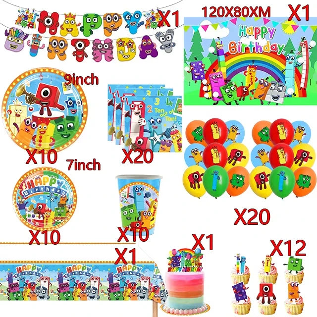 Number Birthday Building Blocks Party Decorations Set – Tablecloth, Banner, Balloons & Cake Topper for Kids & Baby Shower Supplies
