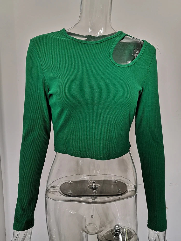 Chic Comfort: Autumn Winter Ribbed Knitted T-Shirts for Women - Green Spring Cut-Out White Long Sleeve Crop Tops, Casual Tees