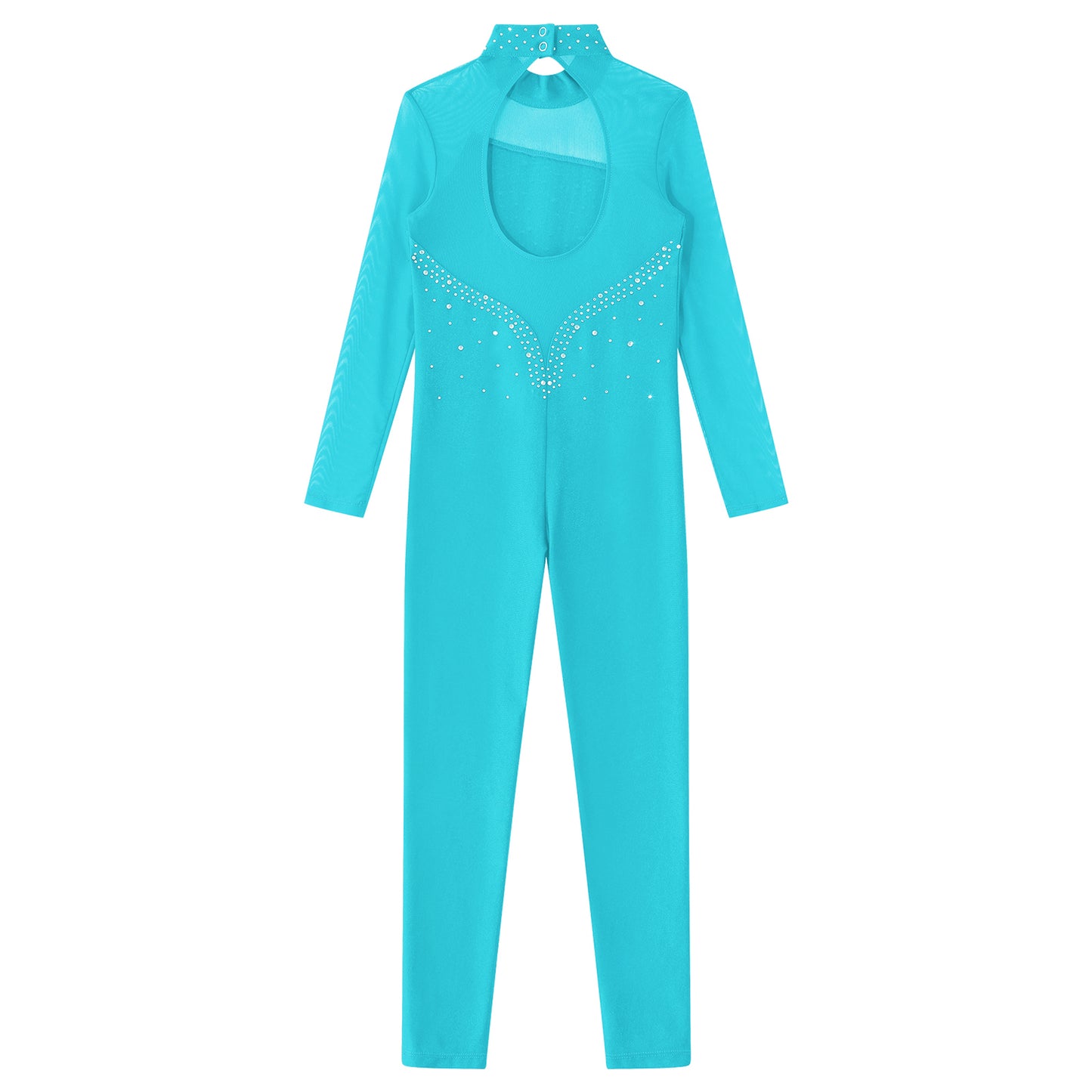 Kids Girls Long Sleeve Rhinestone Bodysuit — Full Body Dancewear Gymnastics Leotard Skating Jumpsuit