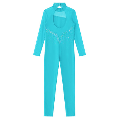 Kids Girls Long Sleeve Rhinestone Bodysuit — Full Body Dancewear Gymnastics Leotard Skating Jumpsuit