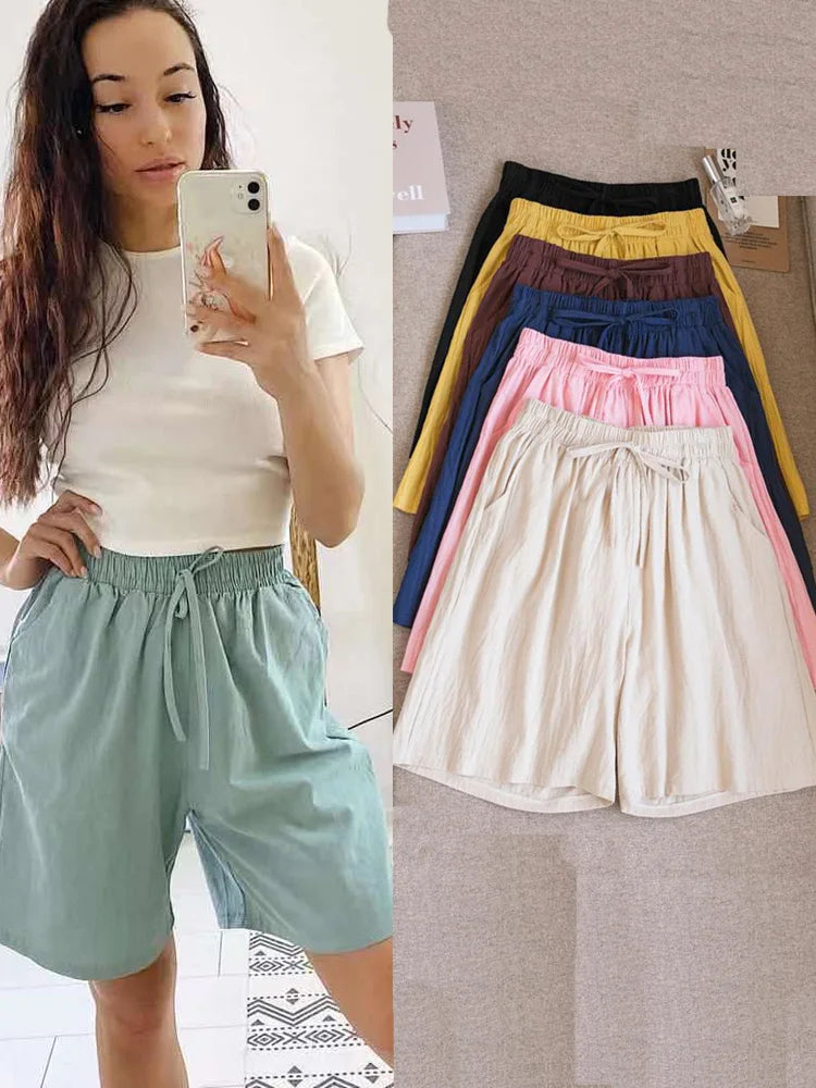 2024 Women’s High Waist Cotton Summer Shorts with Pockets – Casual Loose Fit Soft Cool Shorts for Girls