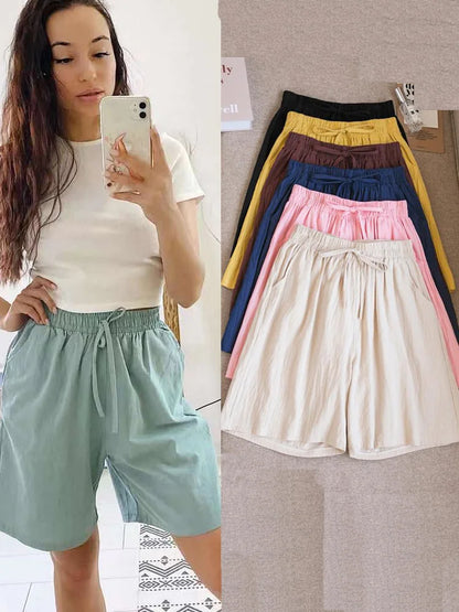 2024 Women’s High Waist Cotton Summer Shorts with Pockets – Casual Loose Fit Soft Cool Shorts for Girls