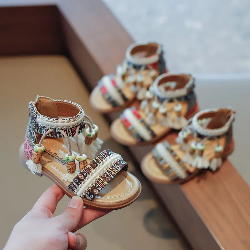 Girls Tassel Gladiator Sandals - Retro Ethnic Summer Shoes with Back Zipper for Kids