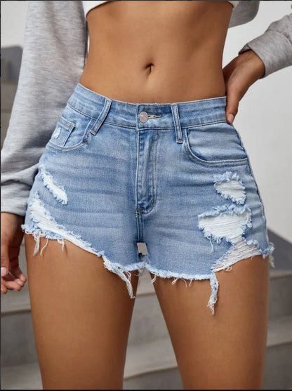 Women’s Ripped Raw Denim Shorts – A-Line Hem Blue Hot Pants Summer Streetwear Skinny Retro Casual