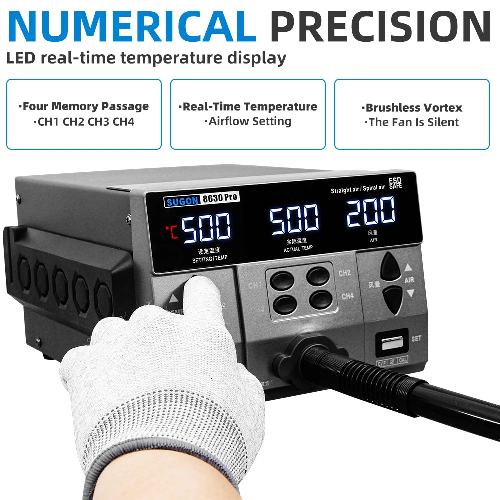 SUGON 8630Pro 1300W Hot Air Gun - Digital Display BGA Rework Station with Curved Nozzle for Welding & Desoldering Repair