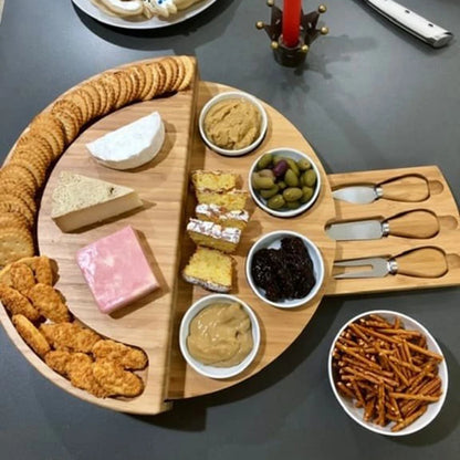 Cheese Board Set with Slide-Out Drawer – Cutlery Cutter, Slicer, Fork, Scoops & Kitchen Storage Tools