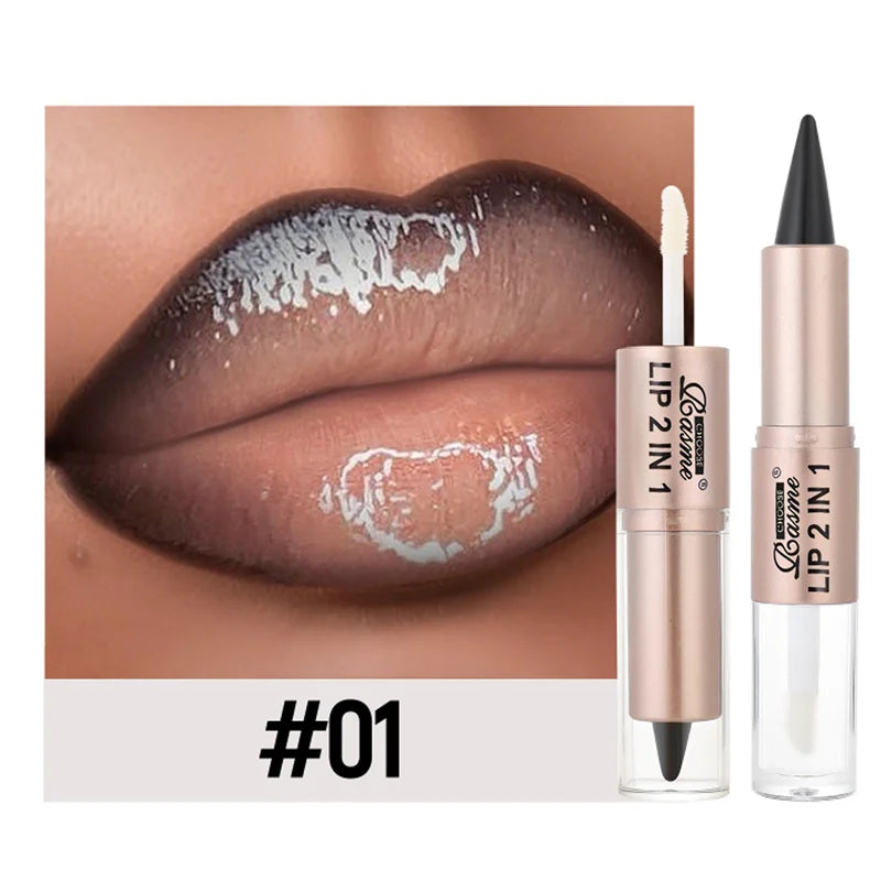 2-in-1 Tapered Lip Liner Pen - Waterproof Nude Brown Lip Contour & Matte Gloss Makeup