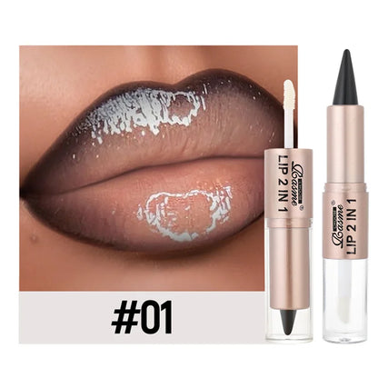 2-in-1 Tapered Lip Liner Pen - Waterproof Nude Brown Lip Contour & Matte Gloss Makeup