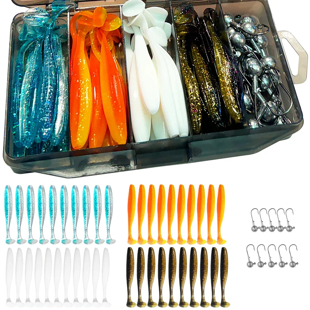 50PCS Metal Jig Fishing Lure Set – Soft & Sinking Swimbaits 3g–14g (5.5–10cm) Jigging Head Hooks in Tackle Box for Bass Fishing