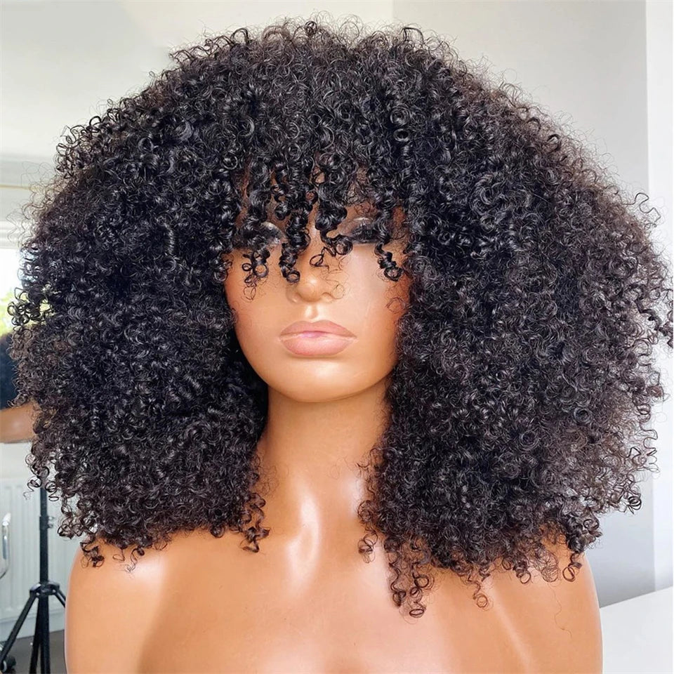 Mongolian Afro Kinky Curly Wig with Bangs – Glueless Remy Brazilian Short Curly Human Hair Wig