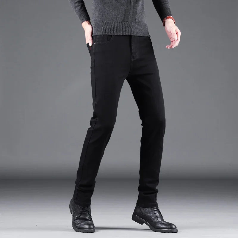 Men’s Spring Autumn Slim Black Jeans — Elastic Straight Korean Vintage Denim Pants for Business & Casual Wear