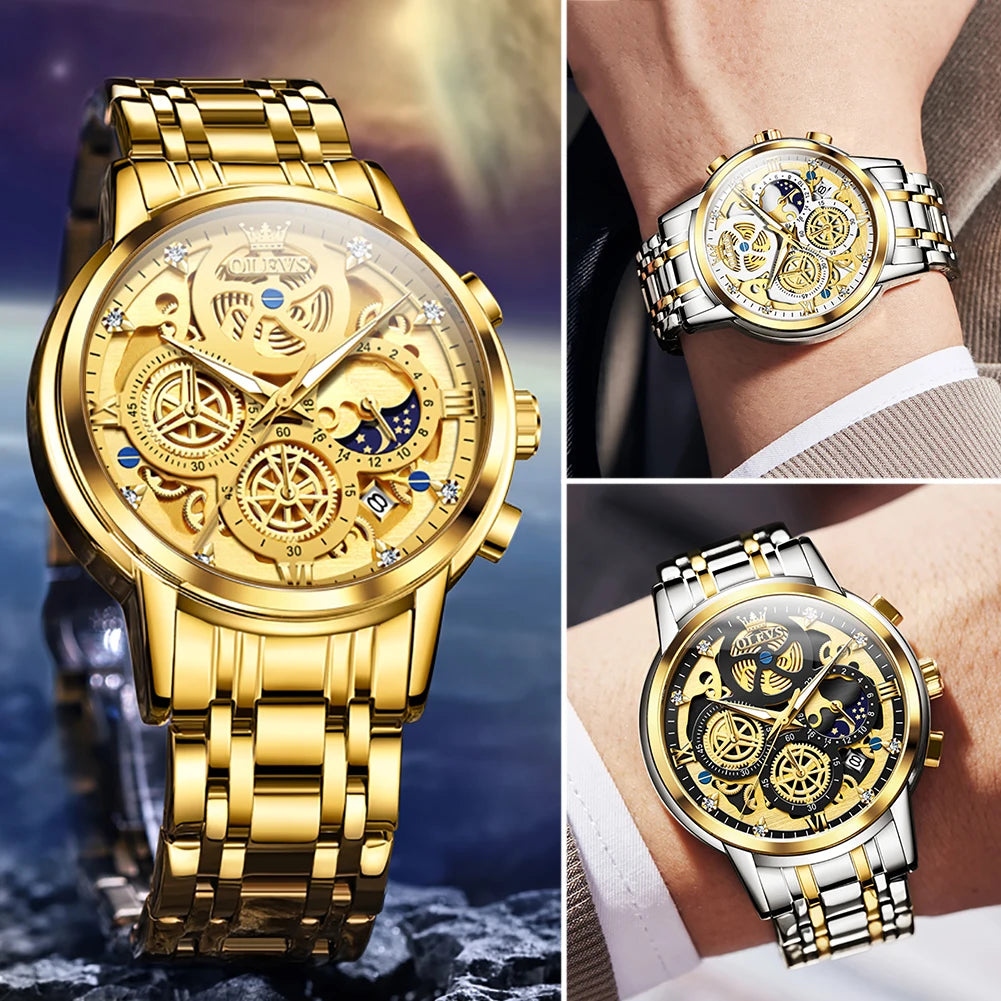 OLEVS Luxury Men's Quartz Watch – Gold Skeleton Style, Waterproof, 24-Hour Day/Night, Top Brand