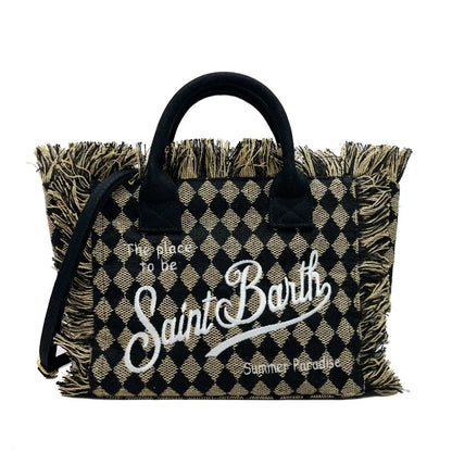 SAINT BARTH Houndstooth Crossbody Bag – Small Cotton Linen Handmade Tote with Tassels for Women