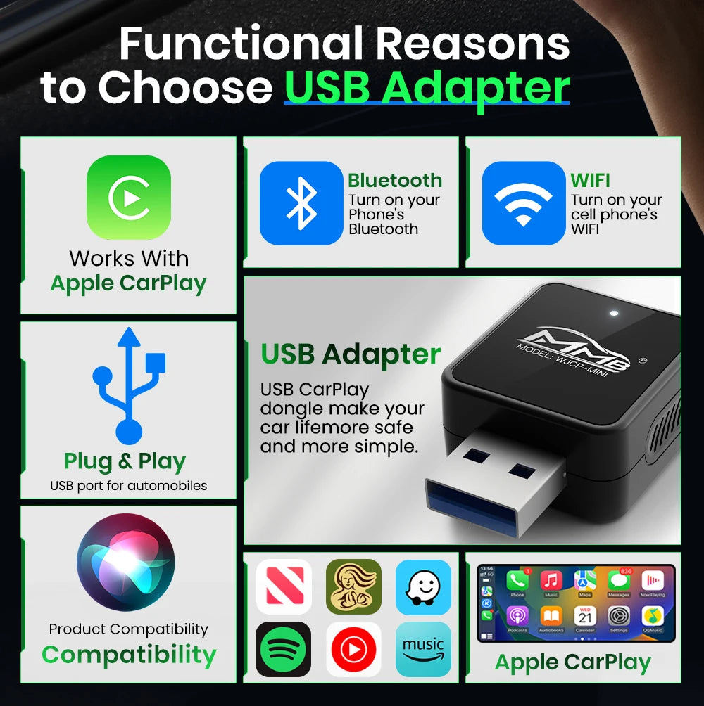 MMB Mini Wired to Wireless CarPlay Adapter – USB Plug & Play, Bluetooth 5.2 for Honda, Toyota Corolla, Peugeot 3008