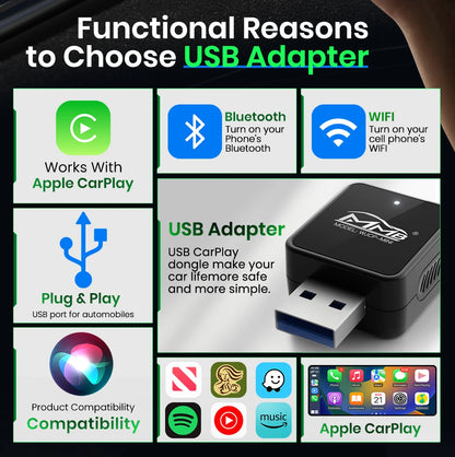 MMB Mini Wired to Wireless CarPlay Adapter – USB Plug & Play, Bluetooth 5.2 for Honda, Toyota Corolla, Peugeot 3008