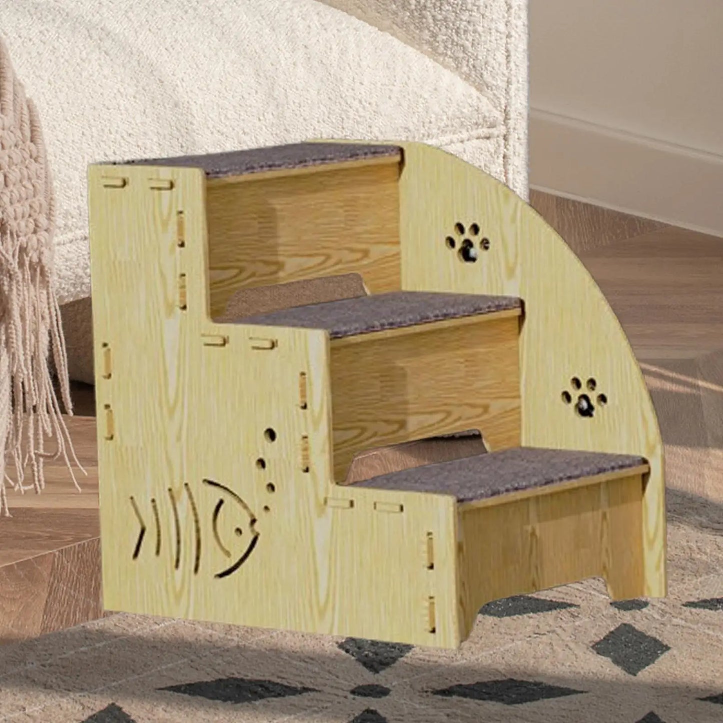 Wooden Non-Slip 3-Step Pet Stairs Ramp for Dogs & Cats – Indoor Climbing Ladder for Small Pets and Senior Animals