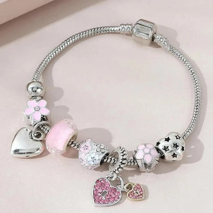 Obega Love Heart & Flower Glass Pendant Charm Bracelet - Adjustable Pink & White Crystal Stone Bead Bracelet in Silver/Gold