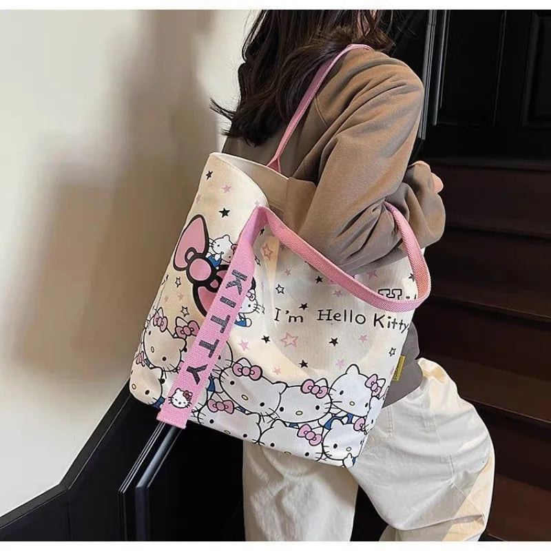 Kawaii Sanrio Hello Kitty Canvas Shoulder Bag – Large Capacity Cute Backpack Schoolbag Handbag Gift for Girls Birthday & Daily Use