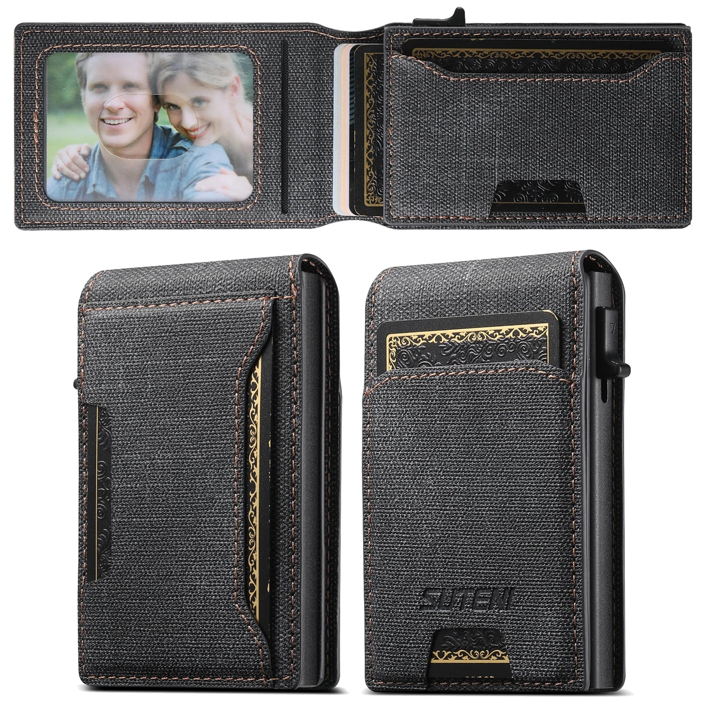 Push-Out PU Leather Card Holder Wallet – Large Capacity for 1–12 Cards & 1 Photo, Black/Brown/Blue