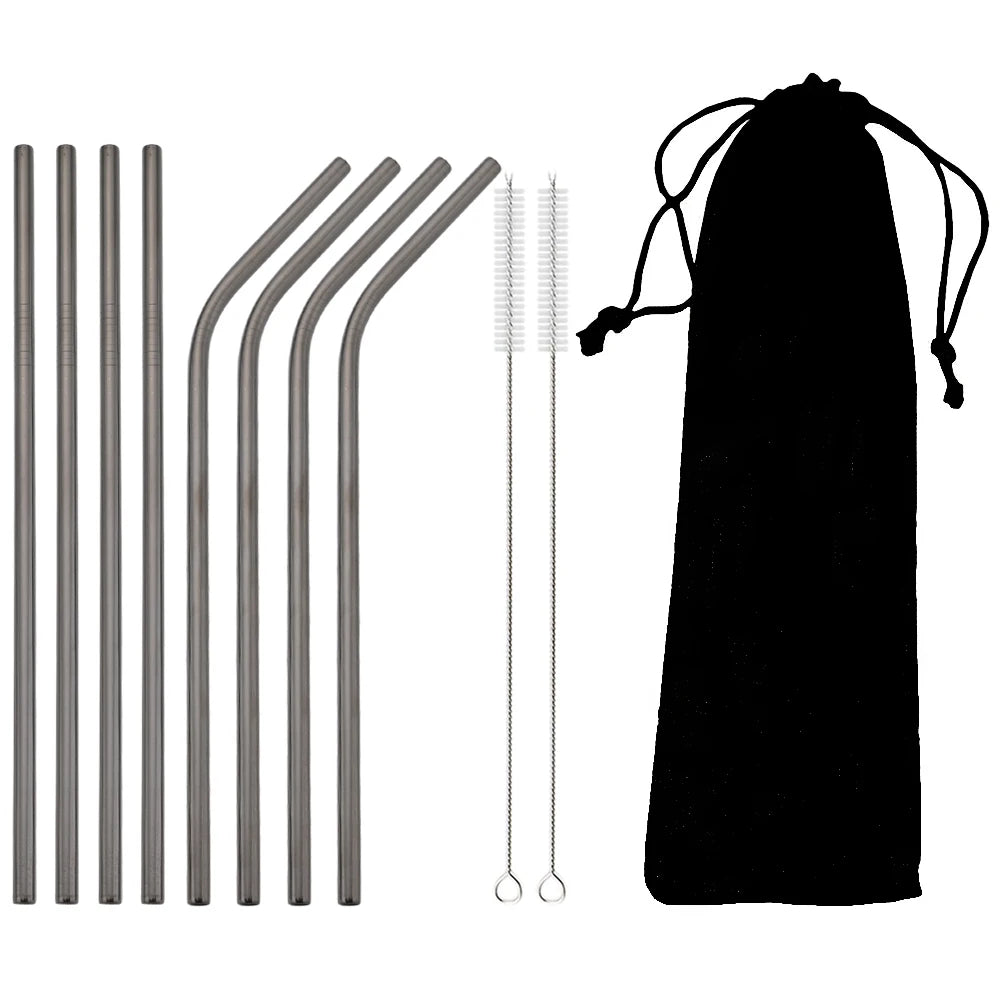 Colorful 304 Stainless Steel Reusable Straws Set — Metal Drinking Straws with Cleaning Brush for Cocktails & Glasses