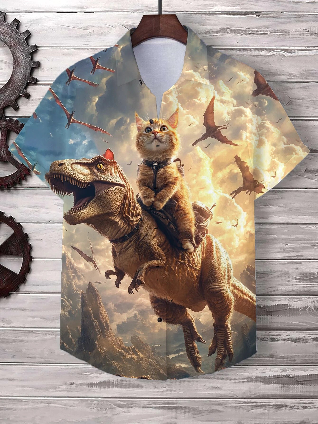 Men’s Cat Graphic Button Down Shirt - Oversized Short Sleeve Summer Hawaiian Vacation Top