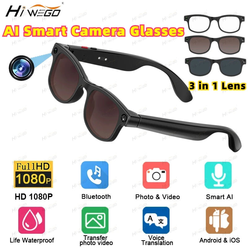 500W AI Smart Camera Sunglasses 3-in-1 Lens HD1080P ChatGPT Voice Control WiFi Bluetooth Intelligent Glasses