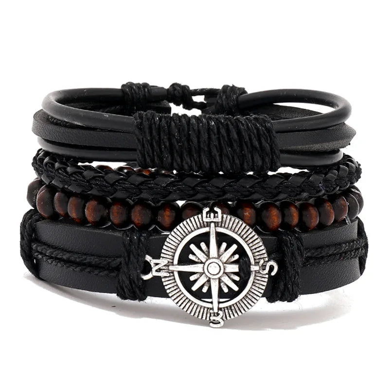 4Pcs Men's Braided Leather Bracelets Set – Vintage Life Tree & Rudder Charms, Wood Beads, Ethnic Tribal Wristbands