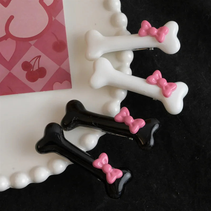 Kawaii Bow Dog Bone Hair Clips – Cute Black & White Bone Hairpins for Girls, Duckbill Barrettes Accessories